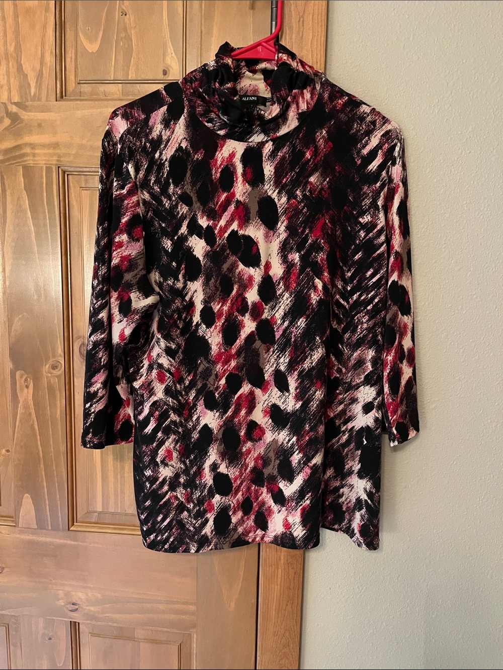 Alfani Black and Wine Abstract Animal-Print Mock Neck Top